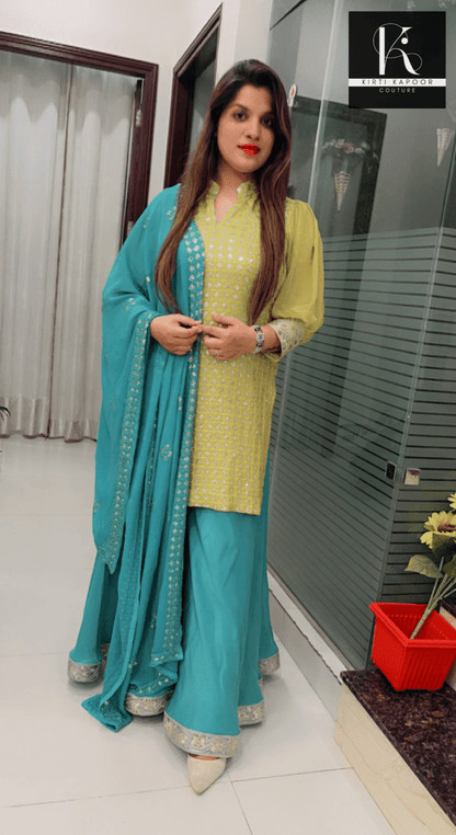 Partywear Embroidered Suit in Yellow and Blue Combination - Kirti Kapoor Couture