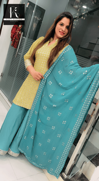 Partywear Embroidered Suit in Yellow and Blue Combination - Kirti Kapoor Couture