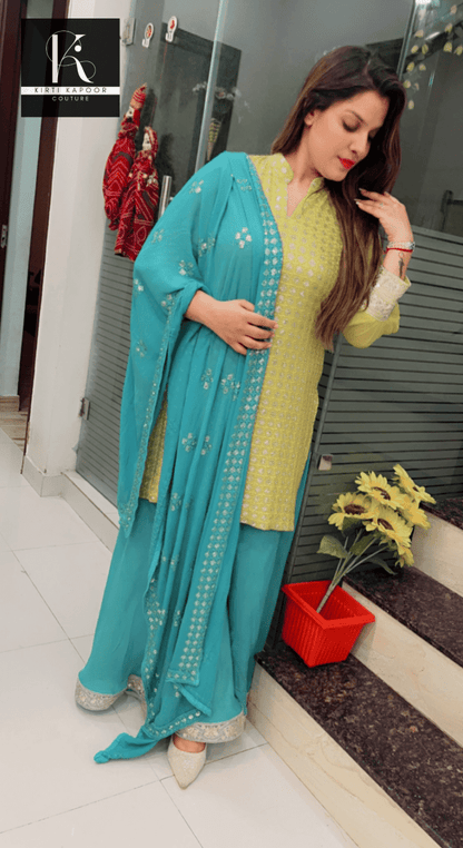 Partywear Embroidered Suit in Yellow and Blue Combination - Kirti Kapoor Couture