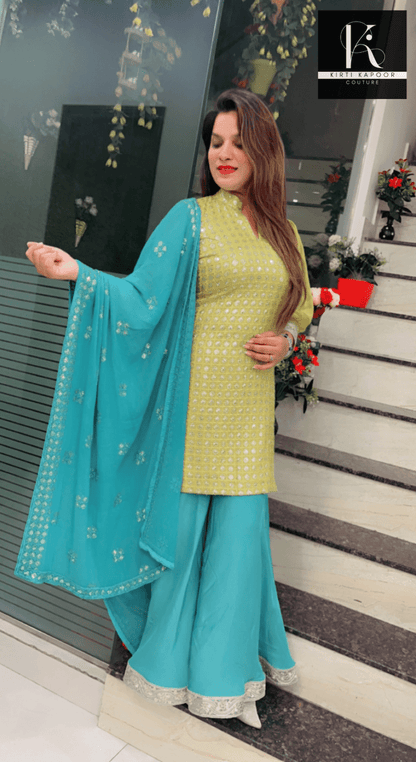 Partywear Embroidered Suit in Yellow and Blue Combination - Kirti Kapoor Couture