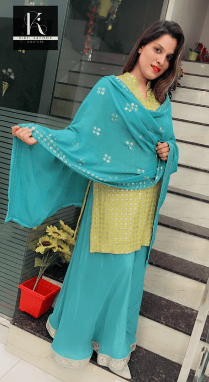Partywear Embroidered Suit in Yellow and Blue Combination - Kirti Kapoor Couture