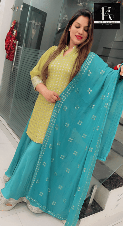 Partywear Embroidered Suit in Yellow and Blue Combination - Kirti Kapoor Couture
