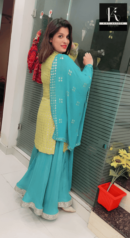 Partywear Embroidered Suit in Yellow and Blue Combination - Kirti Kapoor Couture