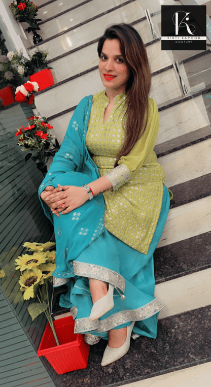 Partywear Embroidered Suit in Yellow and Blue Combination - Kirti Kapoor Couture