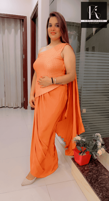 Pastel Orange Top With Draped Bottom - Kirti Kapoor Couture