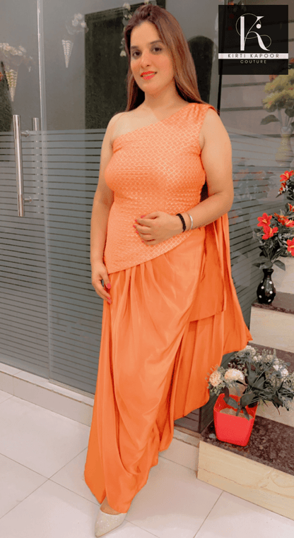 Pastel Orange Top With Draped Bottom - Kirti Kapoor Couture
