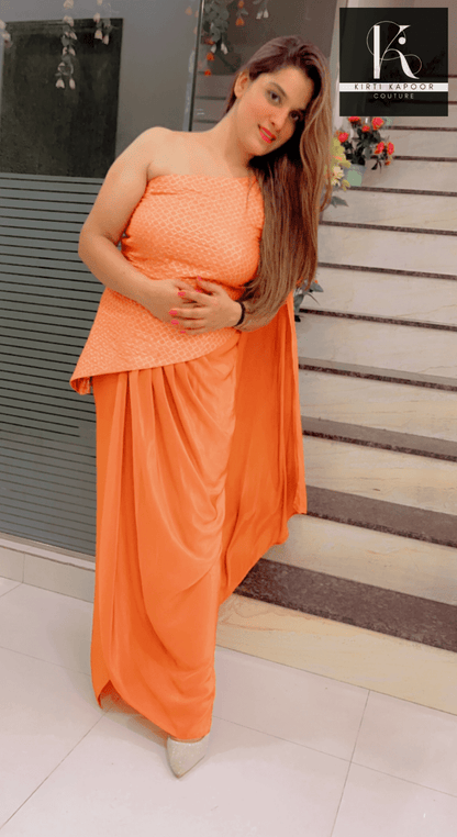 Pastel Orange Top With Draped Bottom - Kirti Kapoor Couture