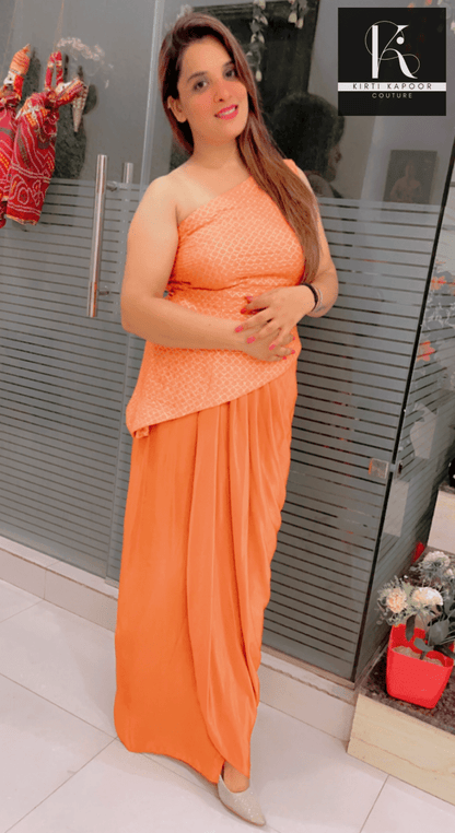 Pastel Orange Top With Draped Bottom - Kirti Kapoor Couture