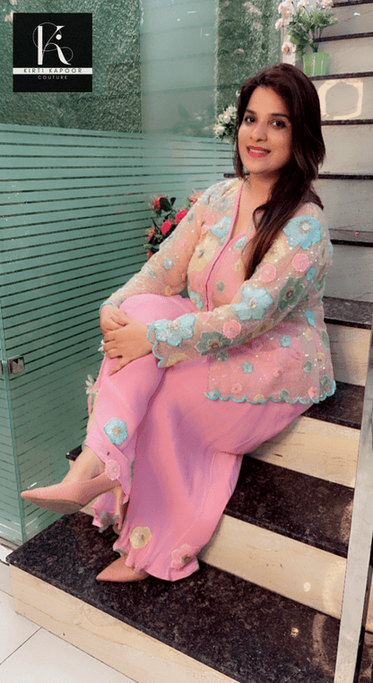 Pastel Shaded Three - Piece Set (Worked Net Jacket) - Kirti Kapoor Couture