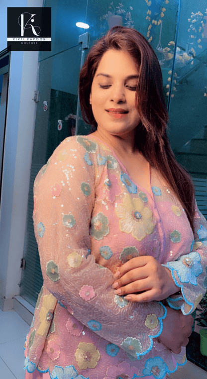 Pastel Shaded Three - Piece Set (Worked Net Jacket) - Kirti Kapoor Couture