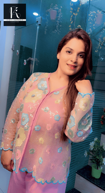 Pastel Shaded Three - Piece Set (Worked Net Jacket) - Kirti Kapoor Couture