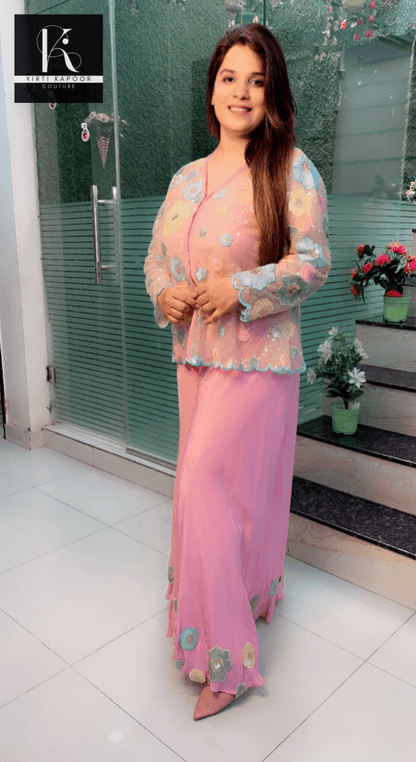 Pastel Shaded Three - Piece Set (Worked Net Jacket) - Kirti Kapoor Couture