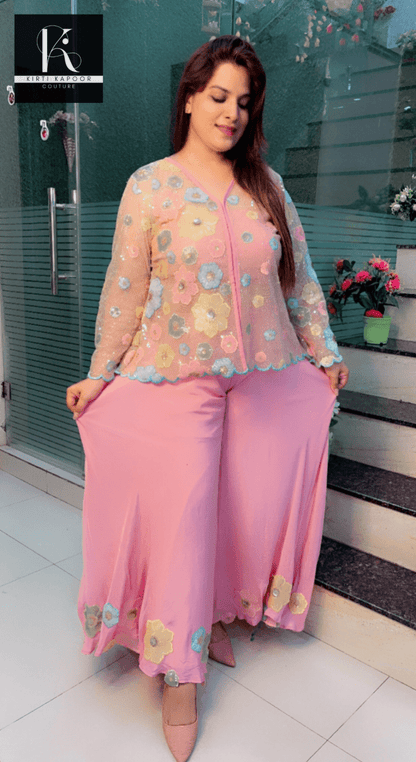 Pastel Shaded Three - Piece Set (Worked Net Jacket) - Kirti Kapoor Couture