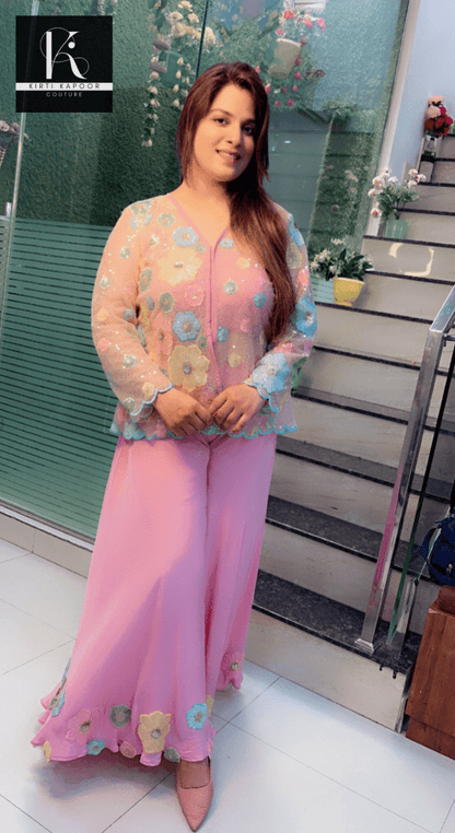 Pastel Shaded Three - Piece Set (Worked Net Jacket) - Kirti Kapoor Couture