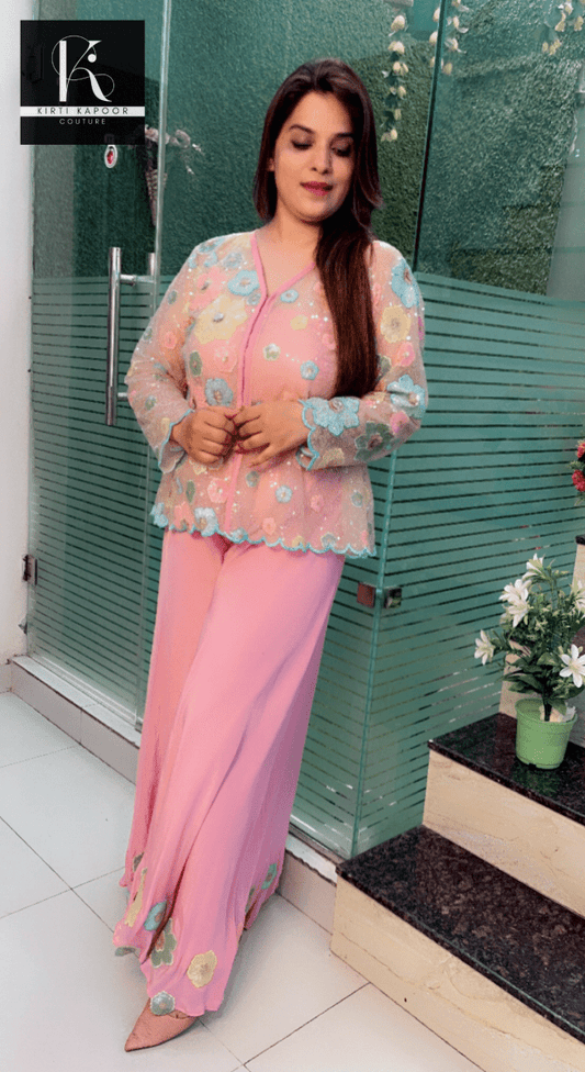 Pastel Shaded Three - Piece Set (Worked Net Jacket) - Kirti Kapoor Couture