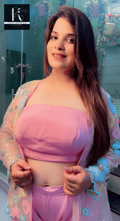 Pastel Shaded Three - Piece Set (Worked Net Jacket) - Kirti Kapoor Couture