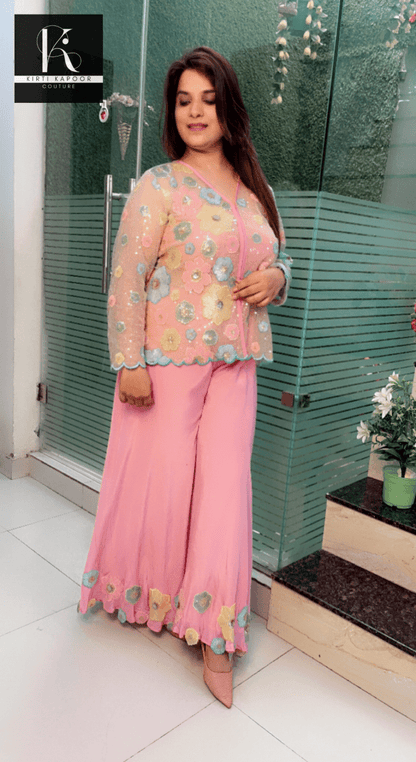 Pastel Shaded Three - Piece Set (Worked Net Jacket) - Kirti Kapoor Couture