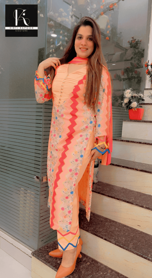 Peach Boutique Fabric Suit with Colorful Designing - Kirti Kapoor Couture