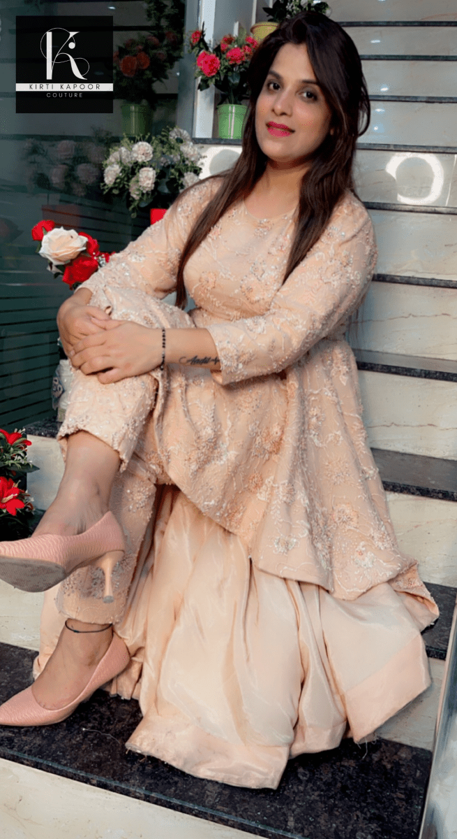Peach Embroidered Net Fabric Dress with Heavy Dupatta - Kirti Kapoor Couture