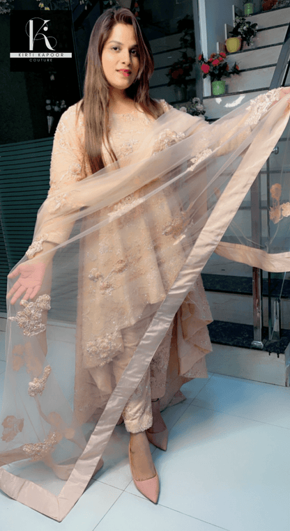 Peach Embroidered Net Fabric Dress with Heavy Dupatta - Kirti Kapoor Couture