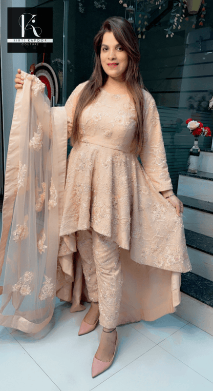 Peach Embroidered Net Fabric Dress with Heavy Dupatta - Kirti Kapoor Couture