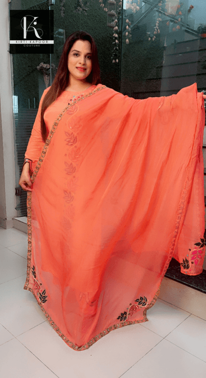 Peach Hand - Embroidered Suit with Heavy Dupatta - Kirti Kapoor Couture