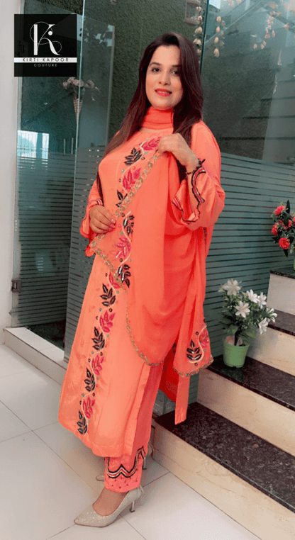 Peach Hand - Embroidered Suit with Heavy Dupatta - Kirti Kapoor Couture