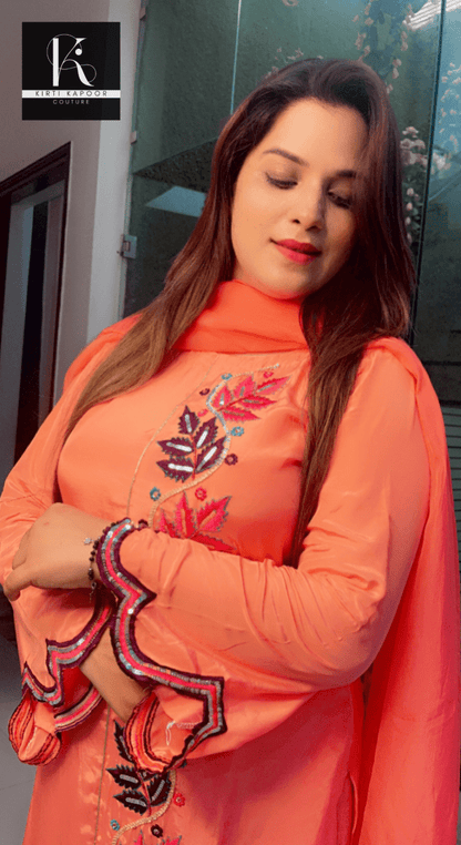Peach Hand - Embroidered Suit with Heavy Dupatta - Kirti Kapoor Couture