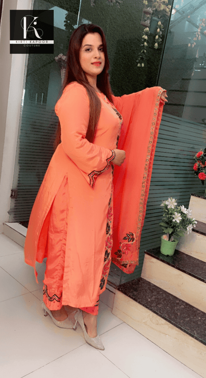 Peach Hand - Embroidered Suit with Heavy Dupatta - Kirti Kapoor Couture