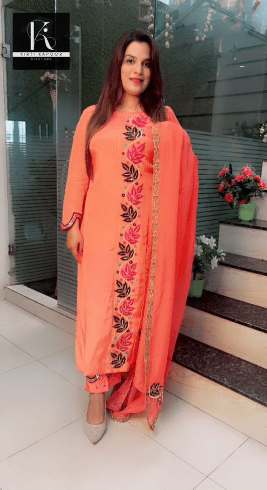 Peach Hand - Embroidered Suit with Heavy Dupatta - Kirti Kapoor Couture
