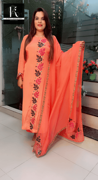 Peach Hand - Embroidered Suit with Heavy Dupatta - Kirti Kapoor Couture