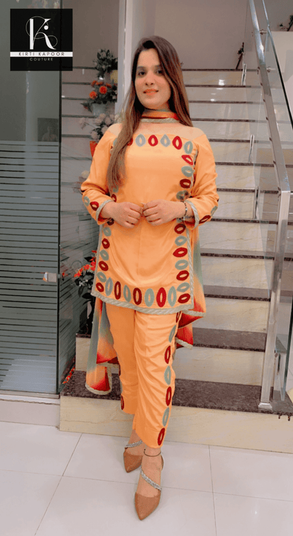 Peach - Orangish Embroidered Suit - Kirti Kapoor Couture