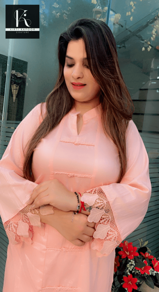 Peach - Pink Kurti and Pant Set (Cotton Lace - Work Highlighting) - Kirti Kapoor Couture