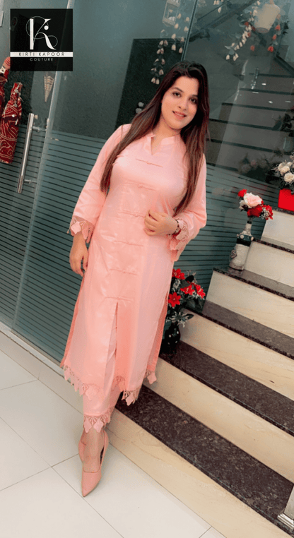 Peach - Pink Kurti and Pant Set (Cotton Lace - Work Highlighting) - Kirti Kapoor Couture