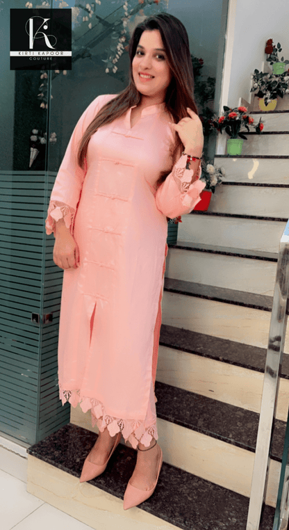 Peach - Pink Kurti and Pant Set (Cotton Lace - Work Highlighting) - Kirti Kapoor Couture