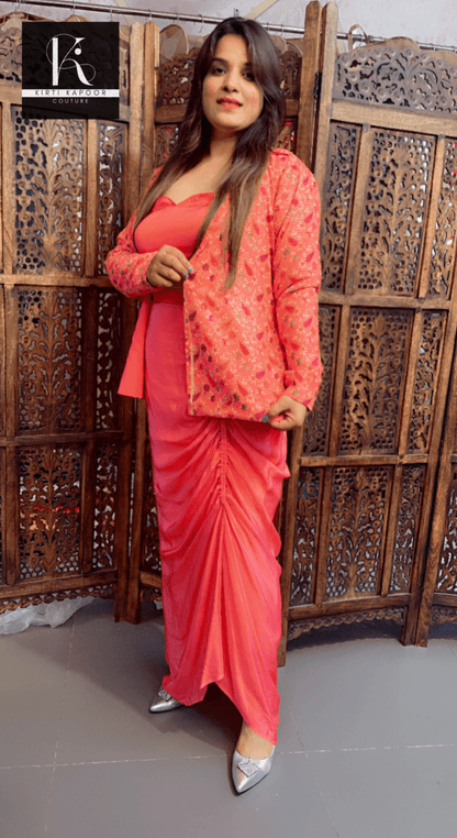Peach Three - Piece Drape Dress with a Worked Fabric Jacket - Kirti Kapoor Couture