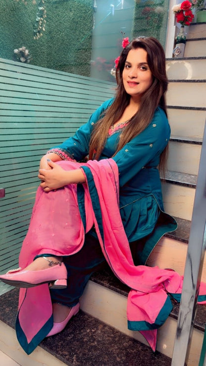 Peacock Hand - Embroidered Dhoti Salwar Suit with Contrasting Pink Dupatta - Kirti Kapoor Couture