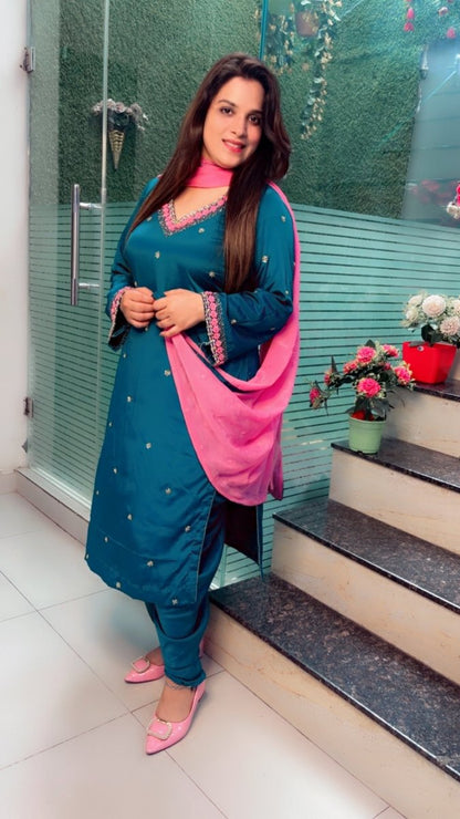 Peacock Hand - Embroidered Dhoti Salwar Suit with Contrasting Pink Dupatta - Kirti Kapoor Couture