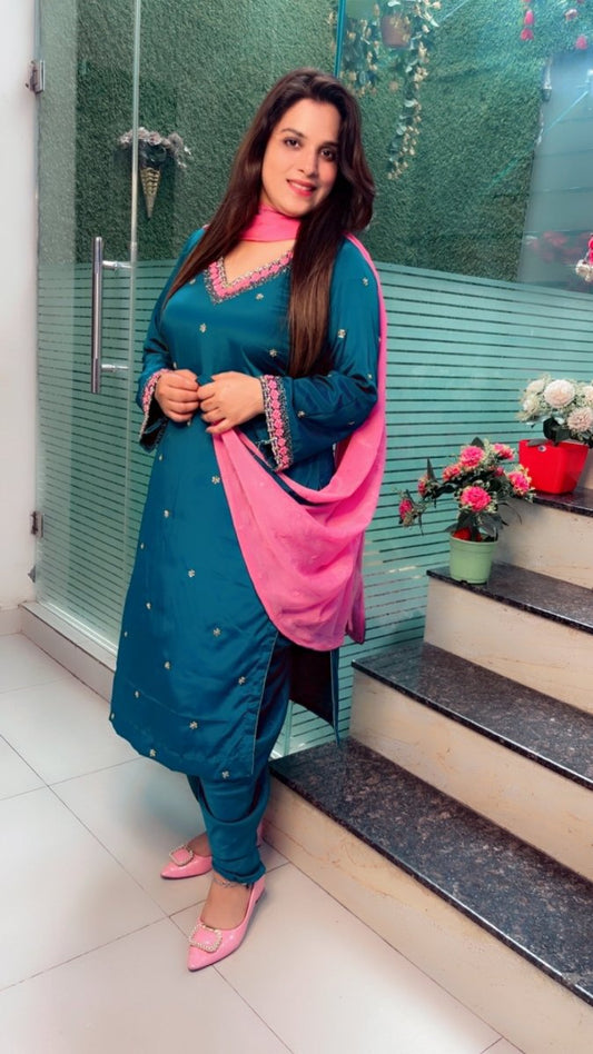 Peacock Hand - Embroidered Dhoti Salwar Suit with Contrasting Pink Dupatta - Kirti Kapoor Couture