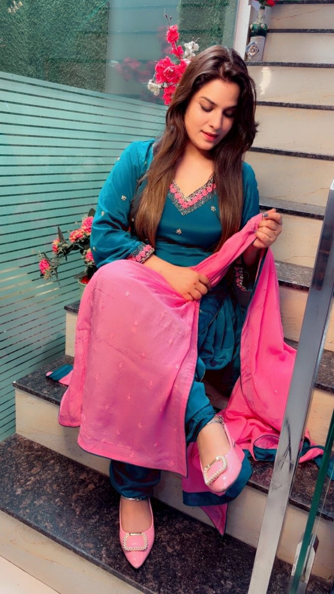 Peacock Hand - Embroidered Dhoti Salwar Suit with Contrasting Pink Dupatta - Kirti Kapoor Couture