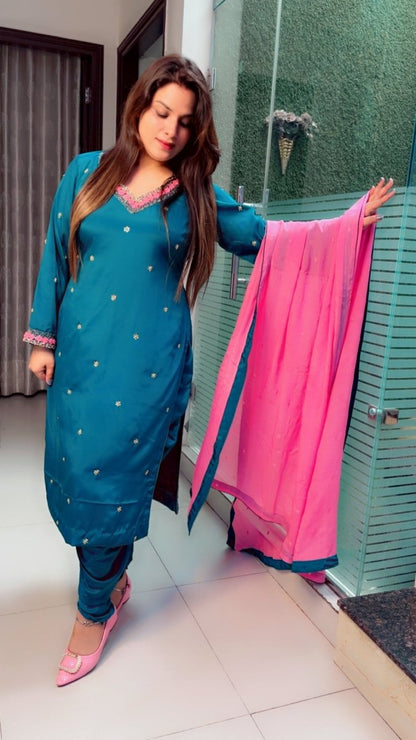 Peacock Hand - Embroidered Dhoti Salwar Suit with Contrasting Pink Dupatta - Kirti Kapoor Couture