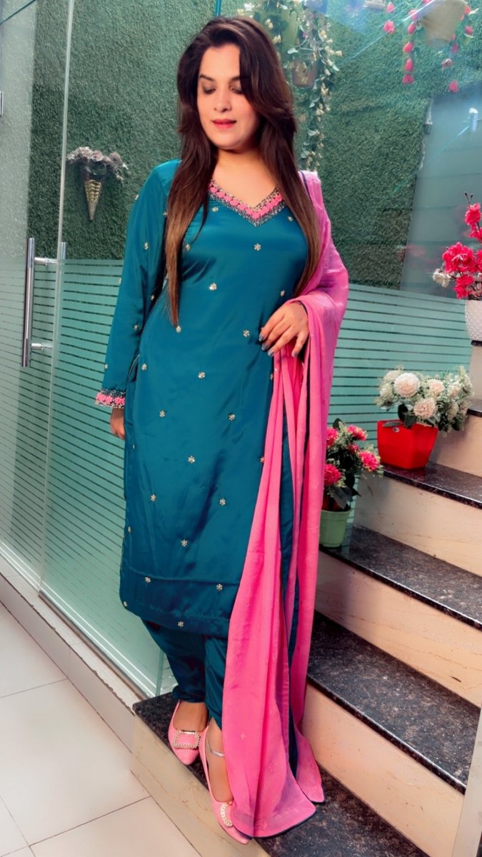 Peacock Hand - Embroidered Dhoti Salwar Suit with Contrasting Pink Dupatta - Kirti Kapoor Couture