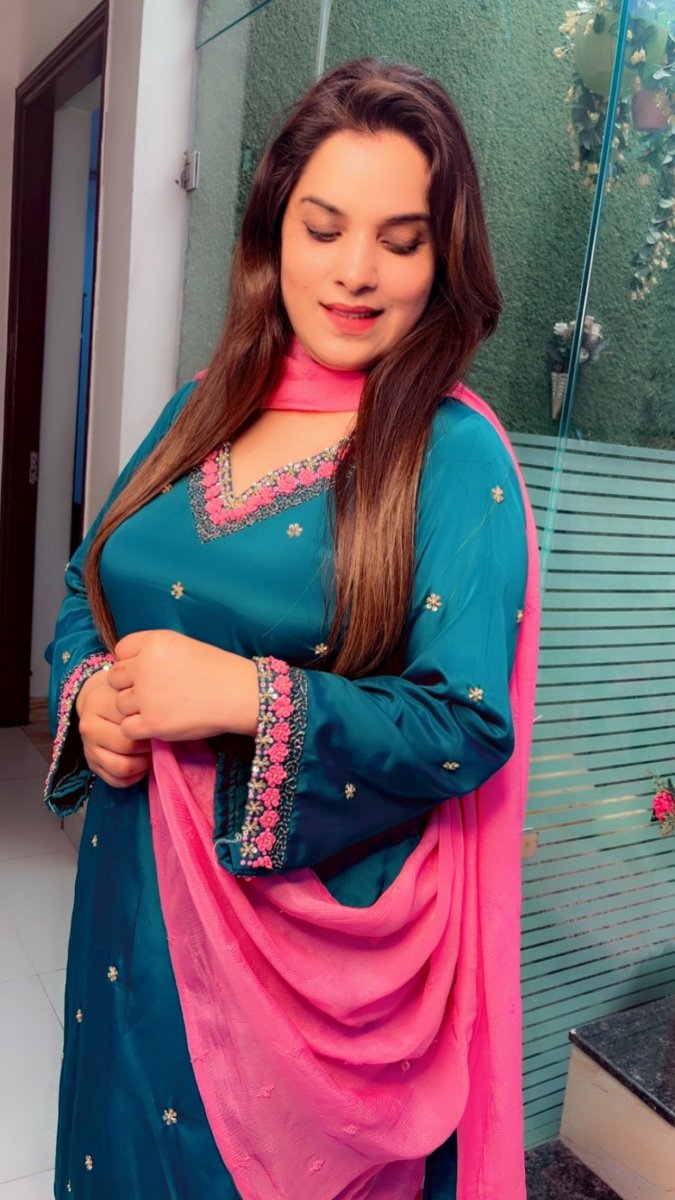 Peacock Hand - Embroidered Dhoti Salwar Suit with Contrasting Pink Dupatta - Kirti Kapoor Couture