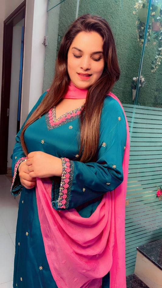 Peacock Hand - Embroidered Dhoti Salwar Suit with Contrasting Pink Dupatta - Kirti Kapoor Couture