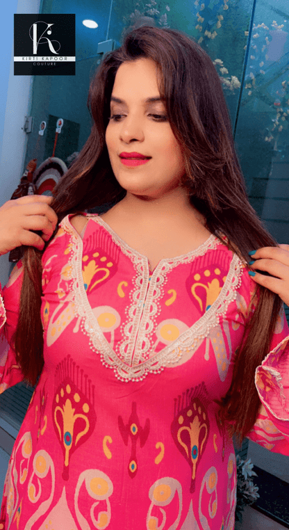 Pink Cotton Printed Kurti Set (V - neck with Lace) - Kirti Kapoor Couture