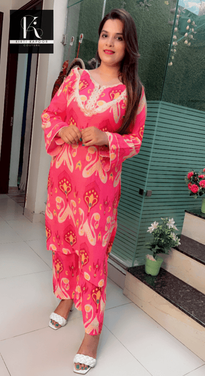 Pink Cotton Printed Kurti Set (V - neck with Lace) - Kirti Kapoor Couture