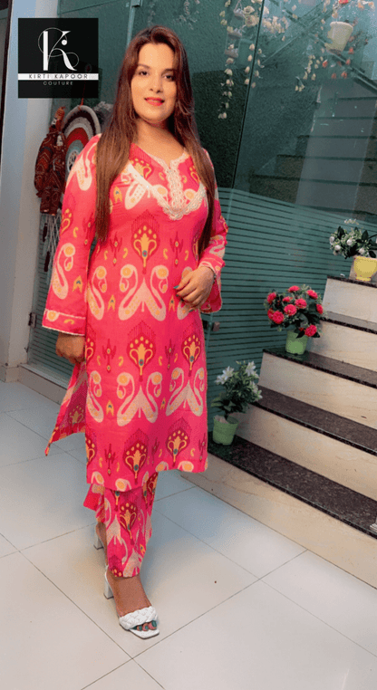 Pink Cotton Printed Kurti Set (V - neck with Lace) - Kirti Kapoor Couture
