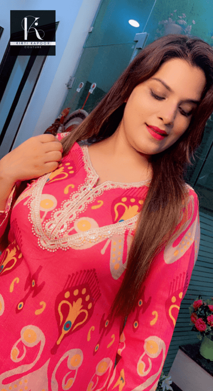 Pink Cotton Printed Kurti Set (V - neck with Lace) - Kirti Kapoor Couture