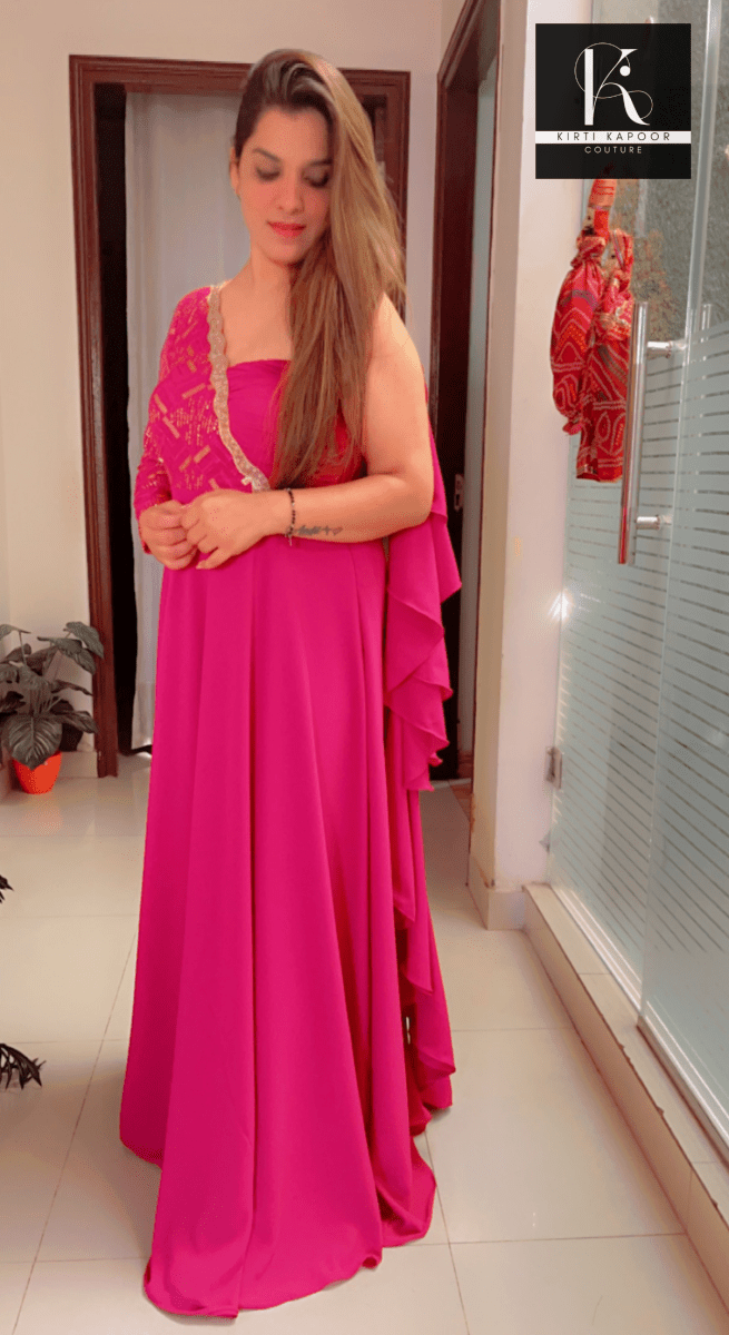 Pink Designer Gown with attached Dupatta - Kirti Kapoor Couture