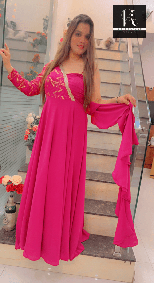 Pink Designer Gown with attached Dupatta - Kirti Kapoor Couture